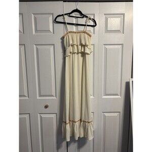 Vintage Vicky Vaughn tie strap Ruffle embroidery trim Maxi Dress women XS cream